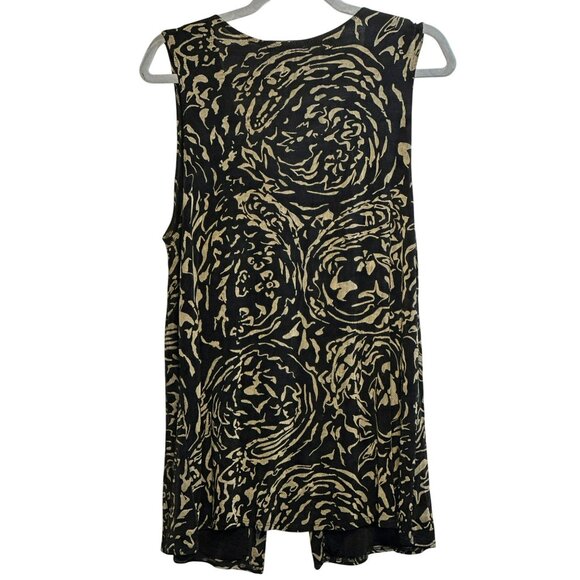 Vintage Society Sleeveless Top – Black & Tan Abstract Print Split-Front Blouse - Picture 8 of 8